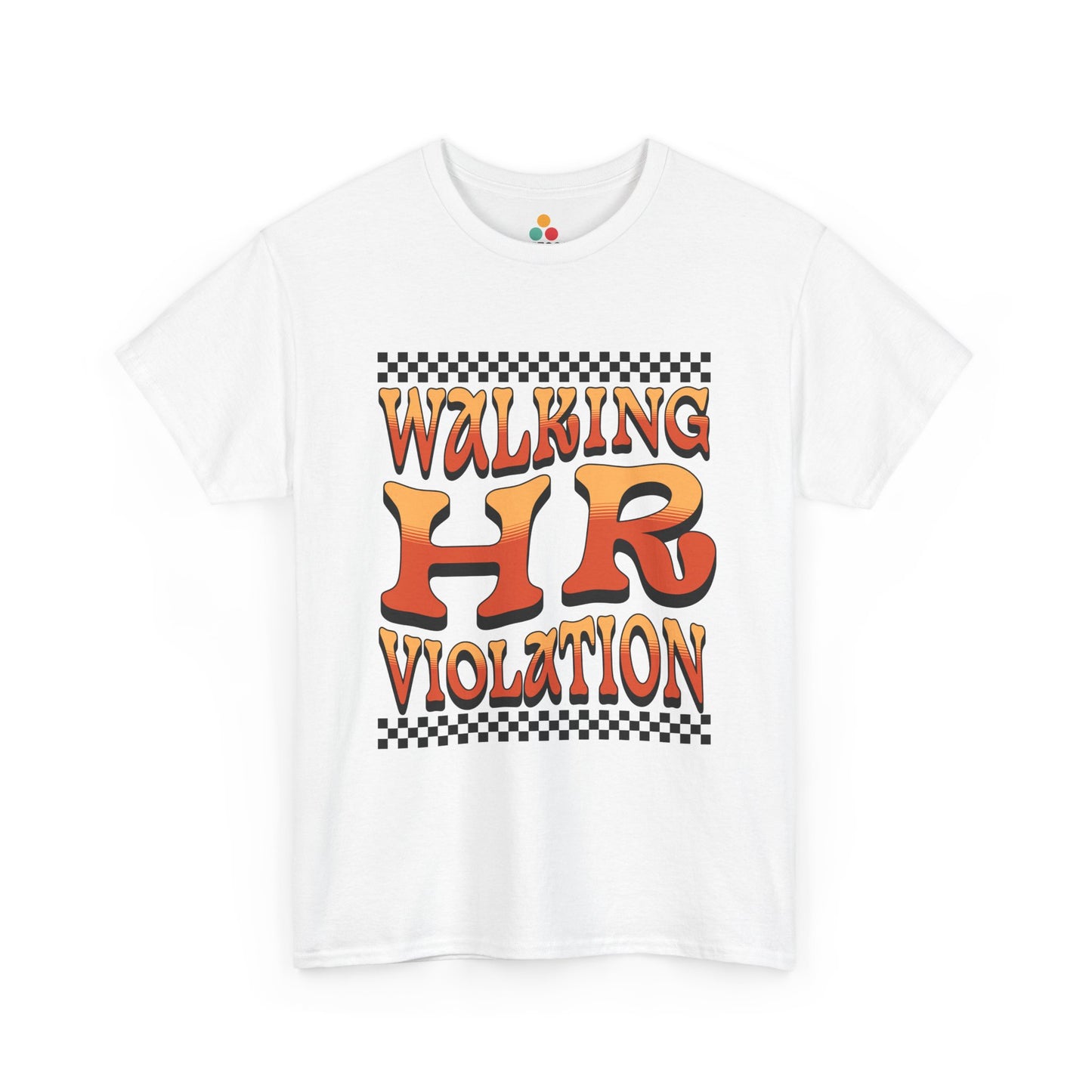 “Teezoca Walking HR Violation funny meme shirt, white, retro 90s style, front view”

