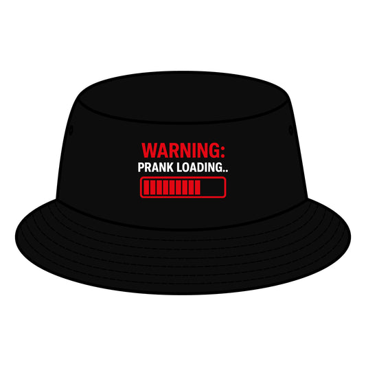 Black bucket hat with bold red "Warning: Prank Loading" text and progress bar graphic, perfect April Fools' Day prankster hat.
