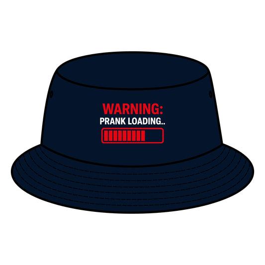 Navy blue bucket hat featuring "Warning: Prank Loading" design with red progress bar, ideal April 1st prank accessory for men and women.