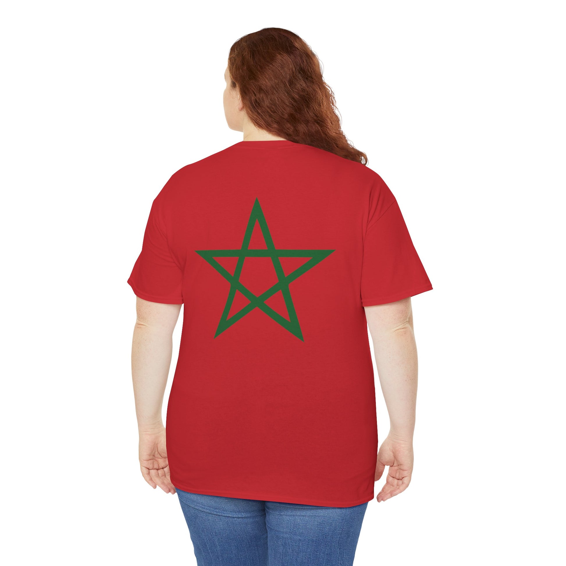 woman standing backwards wearing a red TEEZOCA match day t-shirt showcasing the large green star back print. 2 Sided Morocco Flag Classic Red T-Shirt Moroccan National Football Supporter Shirt Back Print 