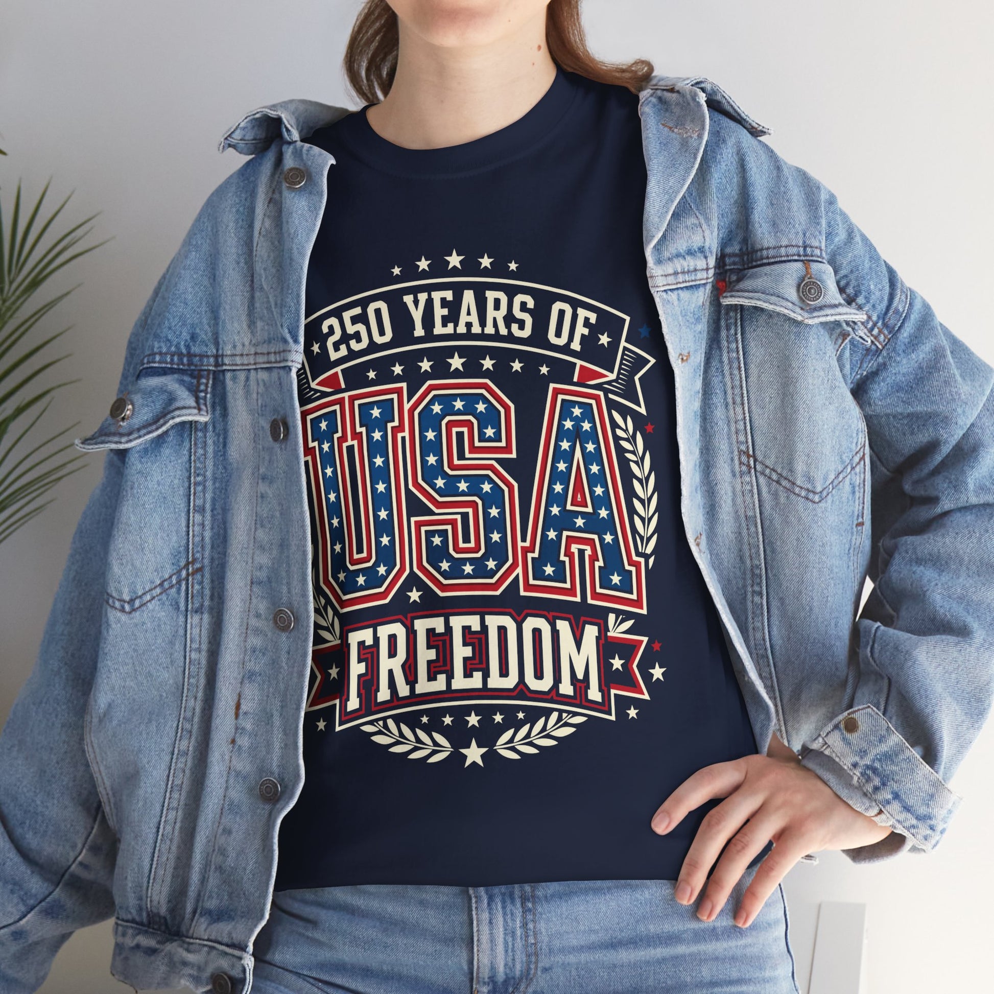 woman wearing 250 Years of USA Freedom navy blue T-Shirt – Patriotic 4th of july 2026 Tee | TEEZOCA 