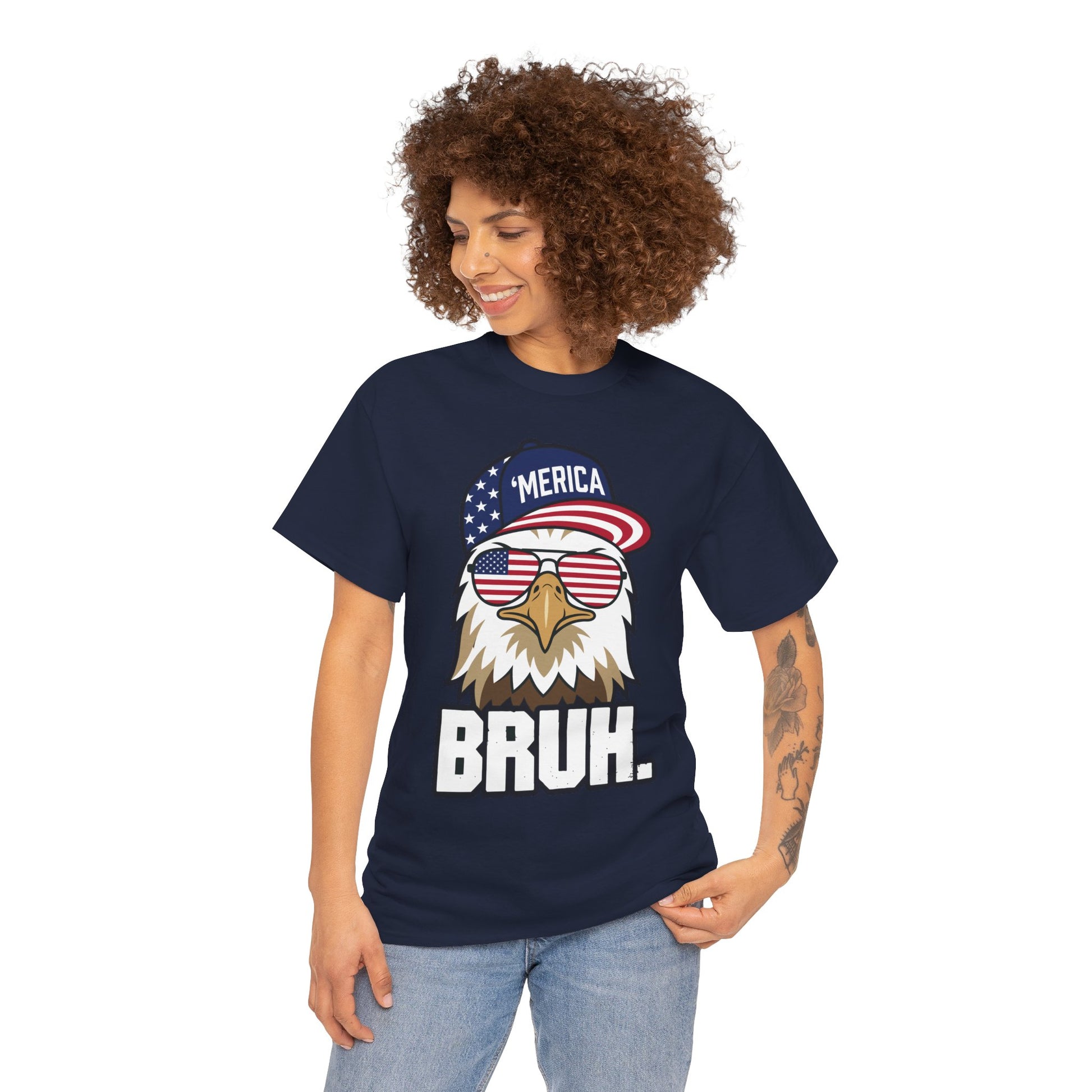 woman wearing Funny 4th of July navy blue T-shirt by TEEZOCA with an eagle in a Merica hat, flag shades, and bold BRUH. lettering.