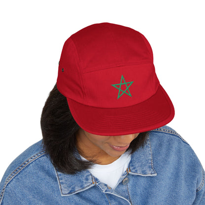 woman wearing a red TEEZOCA 5 panel match day cap and a blue denim jacket.