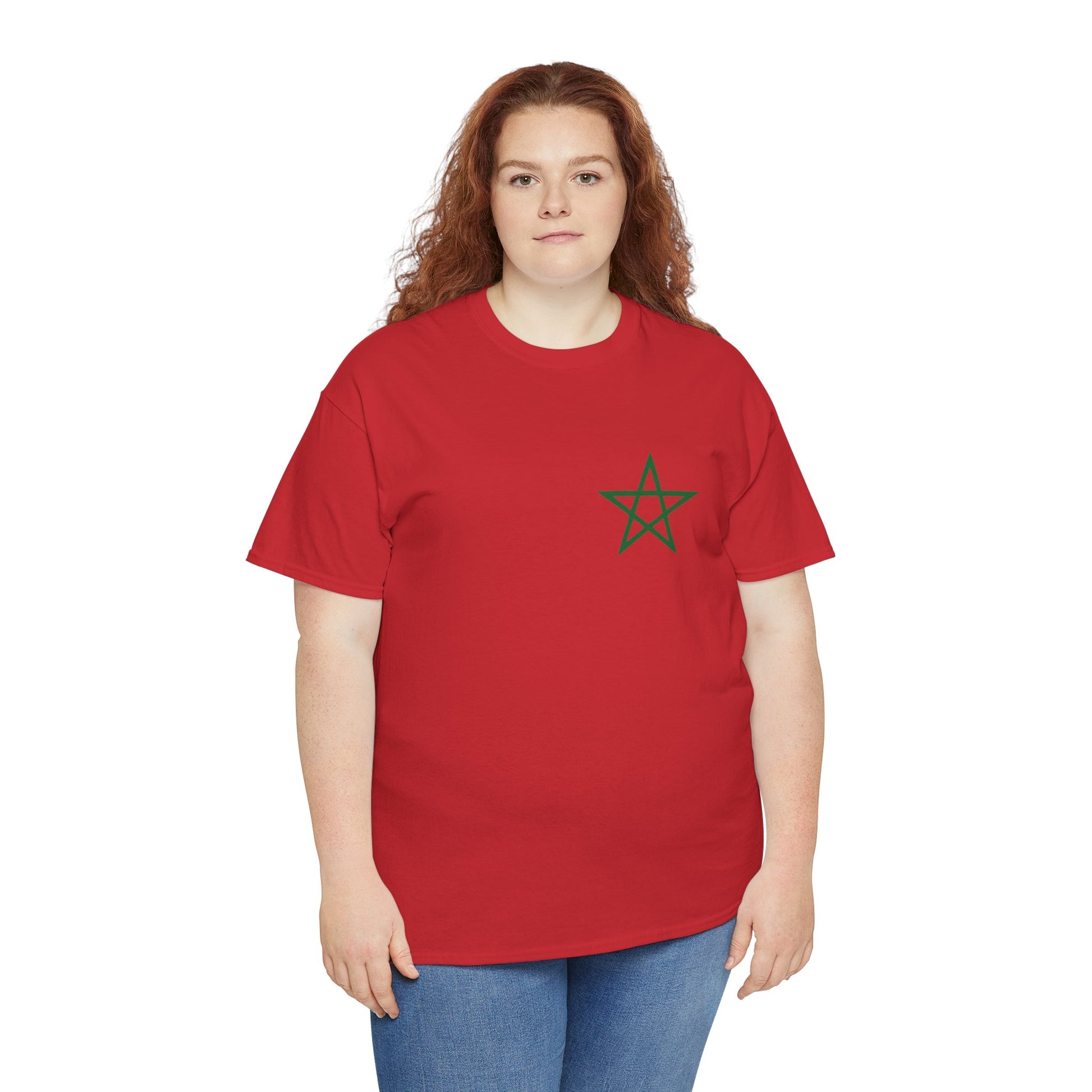 woman wearing a red TEEZOCA Moroccan national pride t-shirt showing the front left-chest star graphic. 2 Sided Morocco Flag Classic Red T-Shirt Moroccan National Football Supporter Shirt Front Print