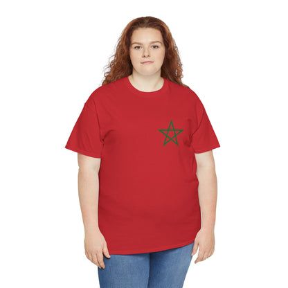woman wearing a red TEEZOCA Moroccan national pride t-shirt showing the front left-chest star graphic. 2 Sided Morocco Flag Classic Red T-Shirt Moroccan National Football Supporter Shirt Front Print