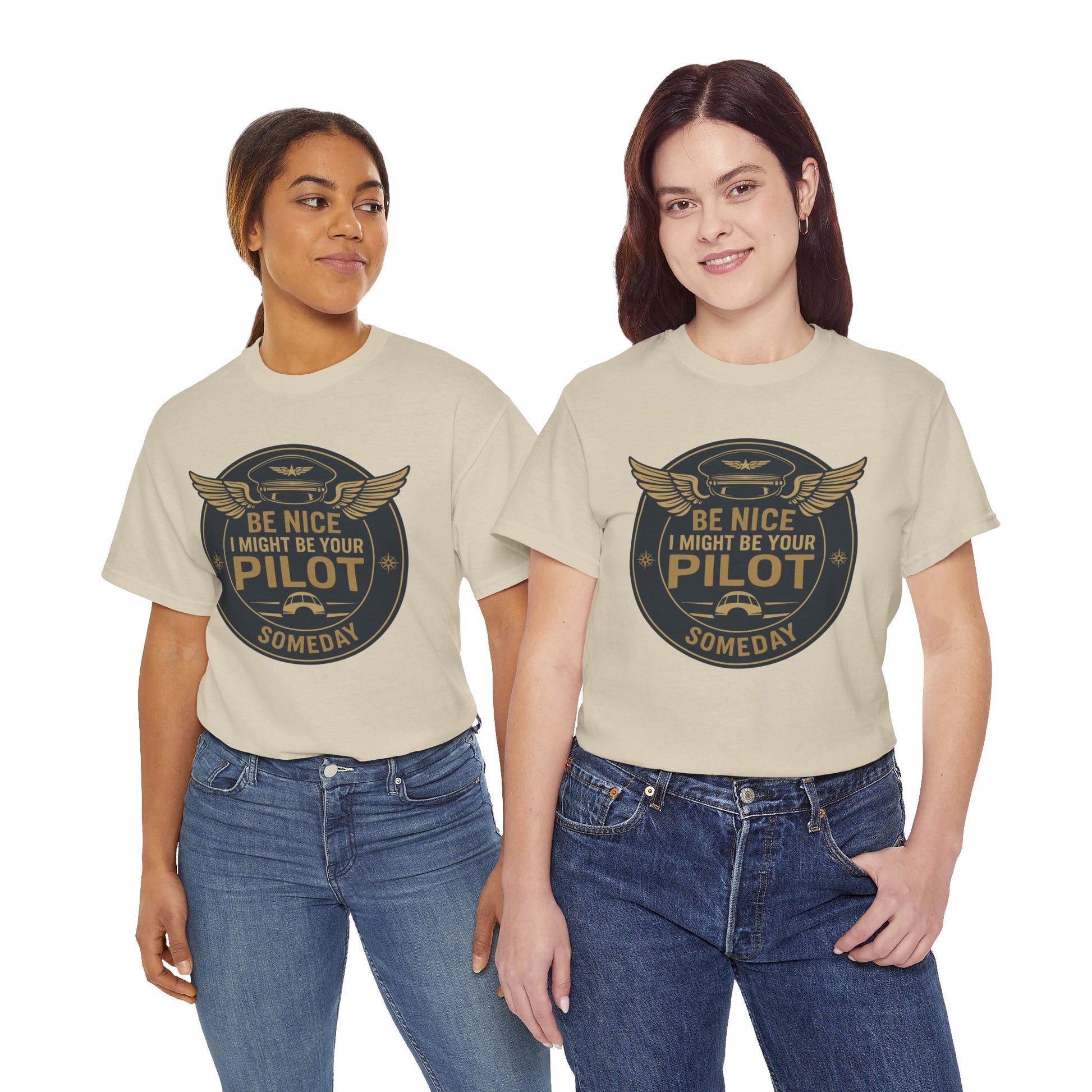 Two women modeling “World’s Best Pilot” vintage aviation badge tees, showing casual aviation apparel fit for female pilots or plane enthusiasts.
