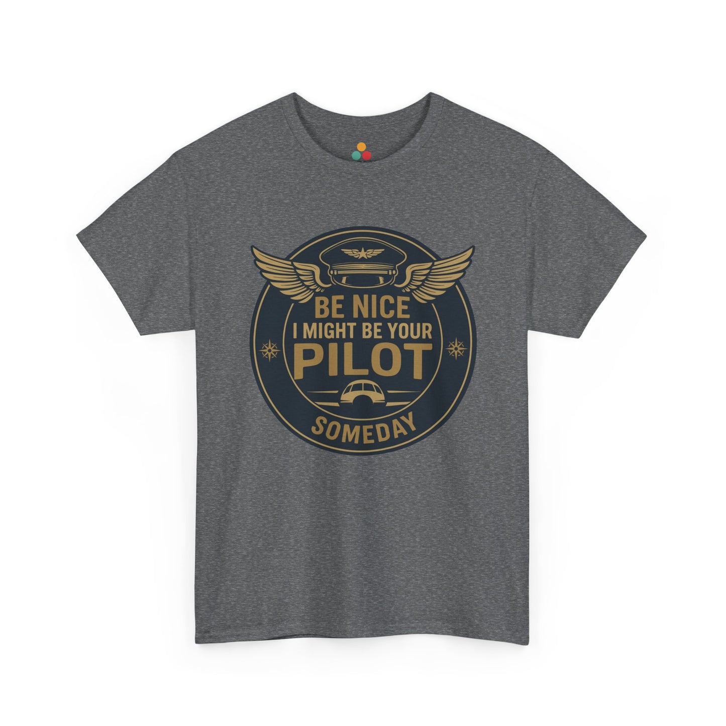 Heather gray t-shirt with vintage aviation badge design—“World’s Best Pilot”—gold wing emblem and classic bold text for pilots, flight instructors, and aviation lovers.