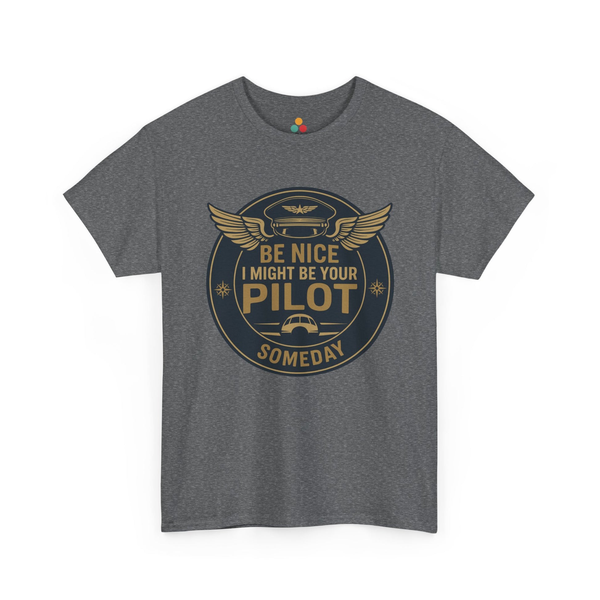 Heather gray t-shirt with vintage aviation badge design—“World’s Best Pilot”—gold wing emblem and classic bold text for pilots, flight instructors, and aviation lovers.