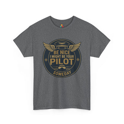Heather gray t-shirt with vintage aviation badge design—“World’s Best Pilot”—gold wing emblem and classic bold text for pilots, flight instructors, and aviation lovers.
