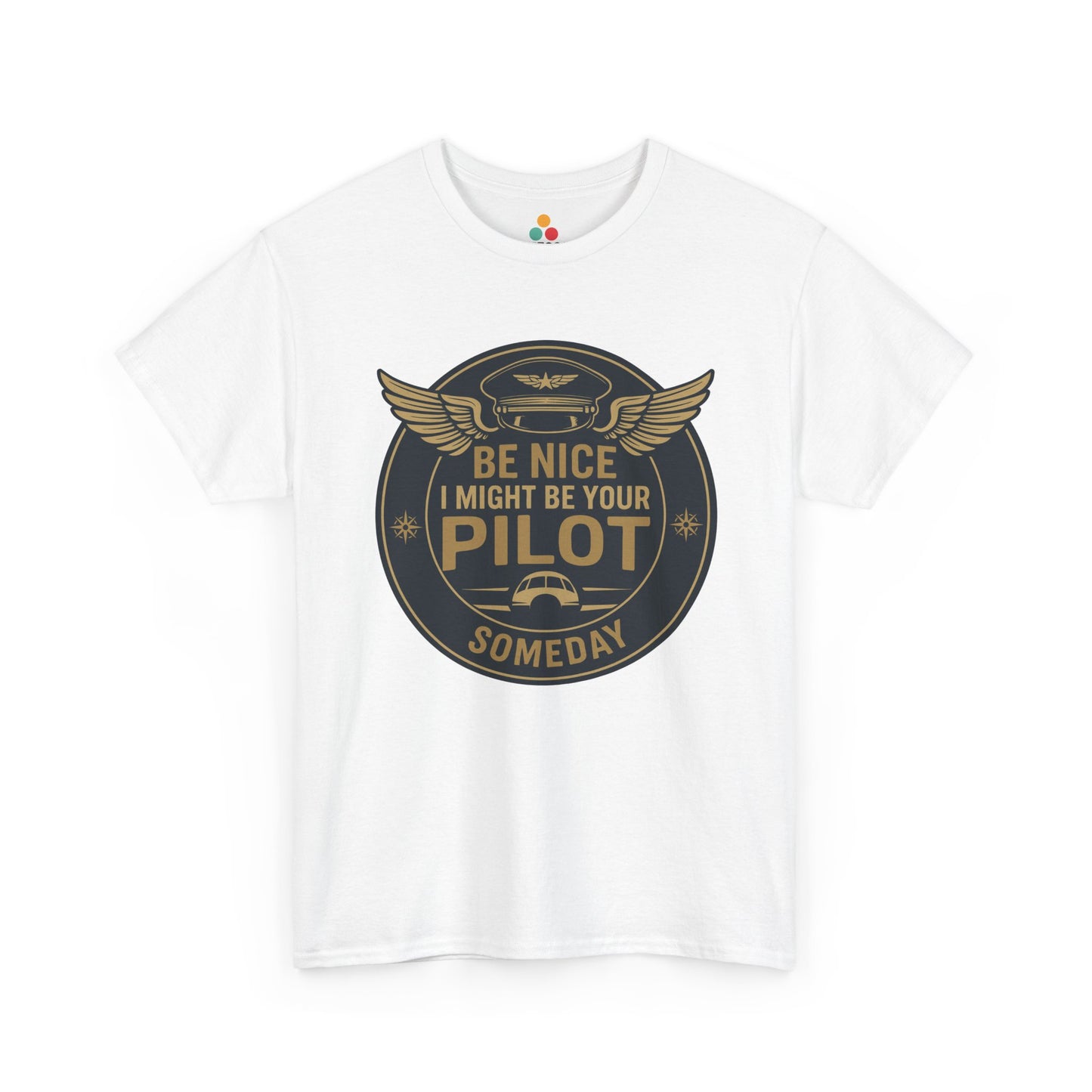 Crisp white t-shirt with “World’s Best Pilot” badge graphic, gold pilot wings and aviation symbols—gift for commercial or private pilots and airshow fans.