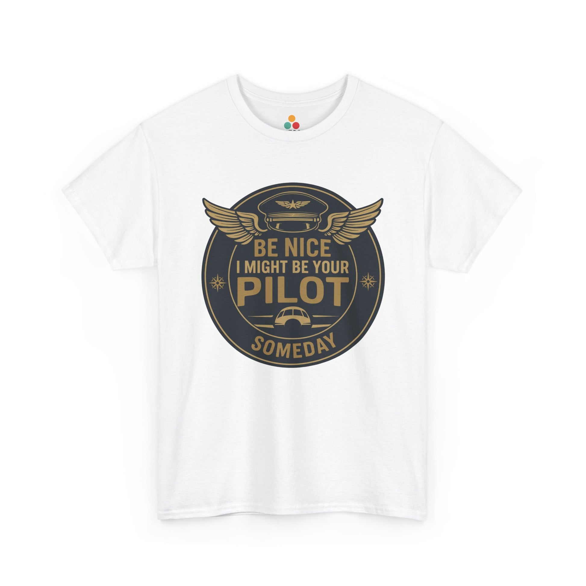 Crisp white t-shirt with “World’s Best Pilot” badge graphic, gold pilot wings and aviation symbols—gift for commercial or private pilots and airshow fans.