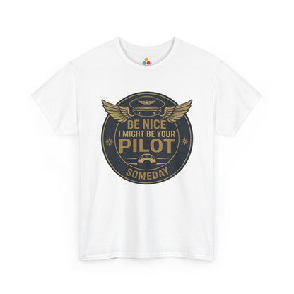 Crisp white t-shirt with “World’s Best Pilot” badge graphic, gold pilot wings and aviation symbols—gift for commercial or private pilots and airshow fans.